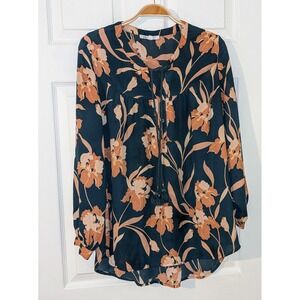 DR2 Daniel Rainn Floral Print Blouse Tassel Tie‎ Neck Long Sleeve Top Small
